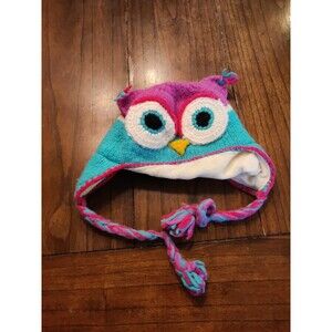 IntiAndes 100% Wool Ecuador Crochet Owl Hat Pink Purple Blue Beanie Fleece Lined